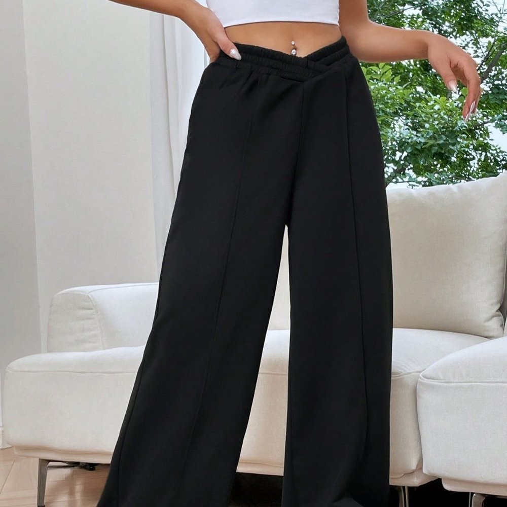 Black Preppy Womens Solid Asymmetrical Wide Leg Sweatpants - Picture 4 of 5